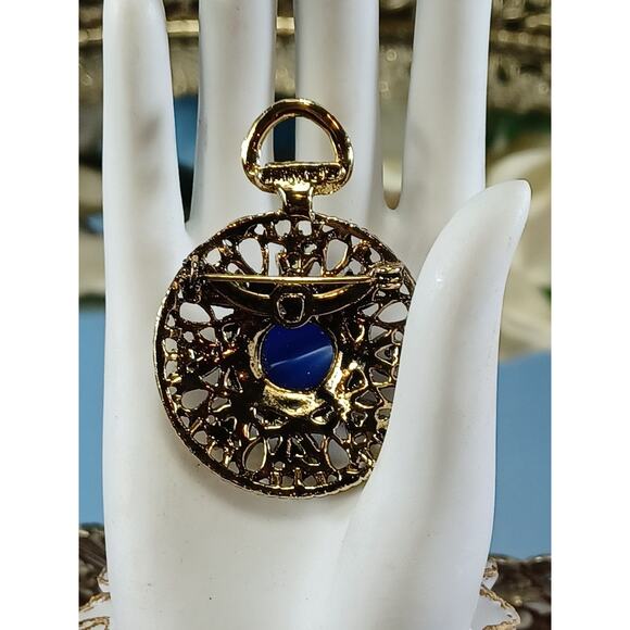Charm Pin Pendant Big Blue Beautiful Stone Golden Charm Pin Brilliant Round Fun - Picture 7 of 11